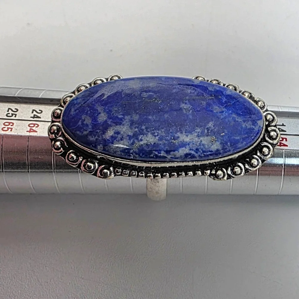 Tibetan Handmade Lapis Lazuli 925 Stamped Sterling Silver Plated Ring Size 8.75